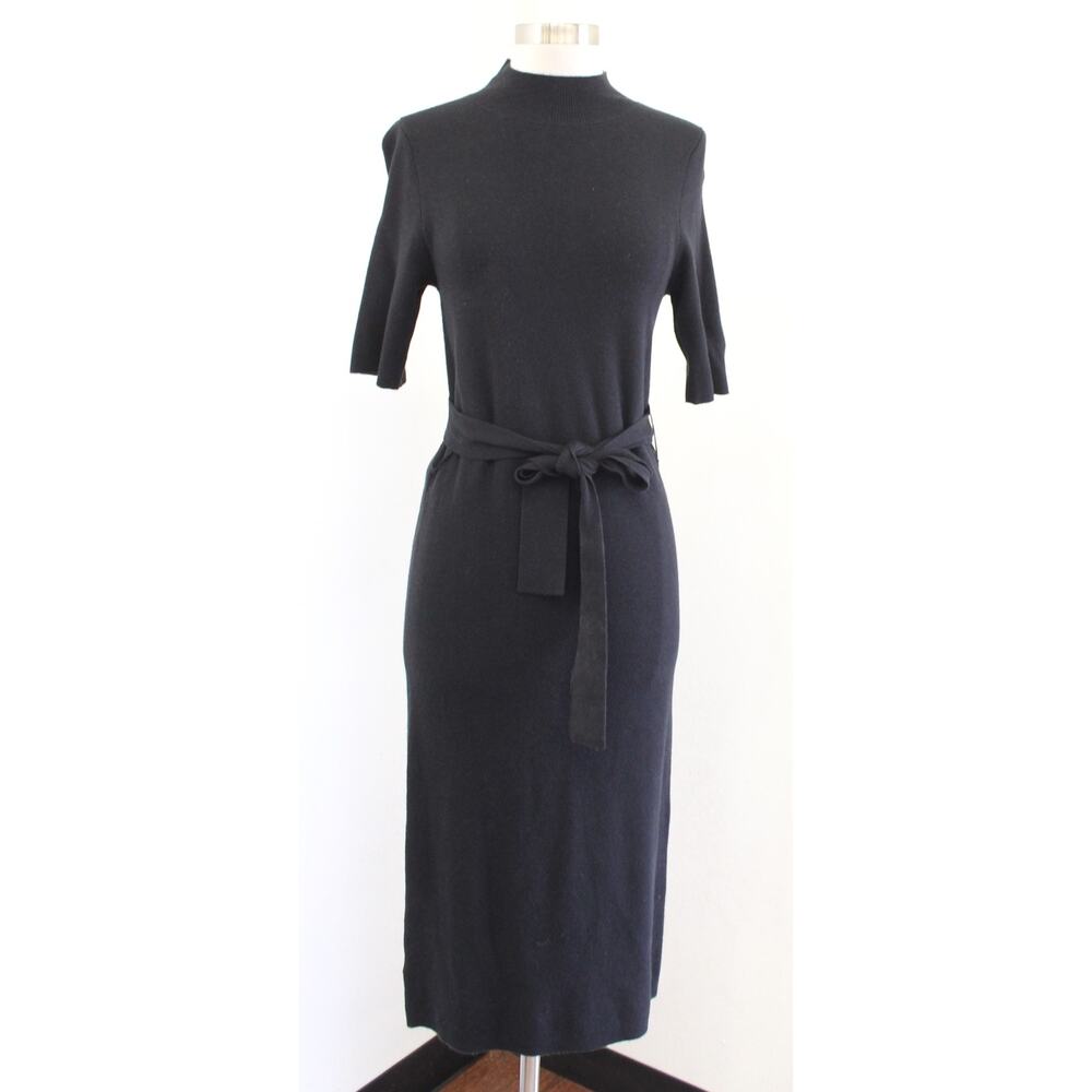 NWT Ann Taylor Black Mock Neck Tie Waist Sweater Dress Size S Midi Fitted